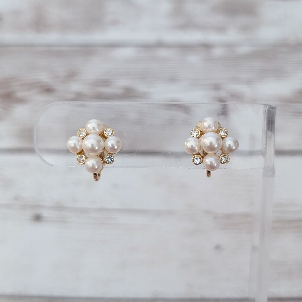 Vintage Clip On Earrings Quad of Faux Pearls & Clear Gems Dainty